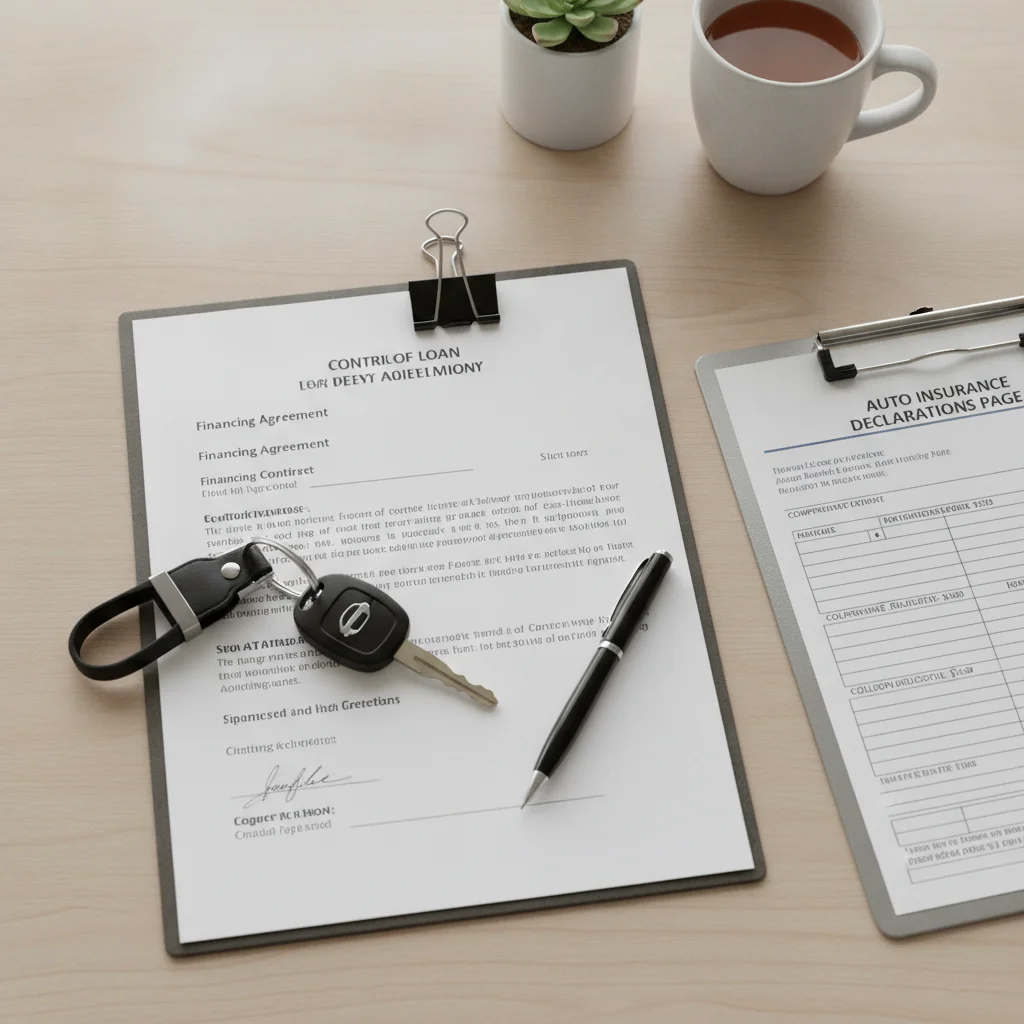 Car loan documents and insurance declaration page showing deductible fields alongside vehicle keys