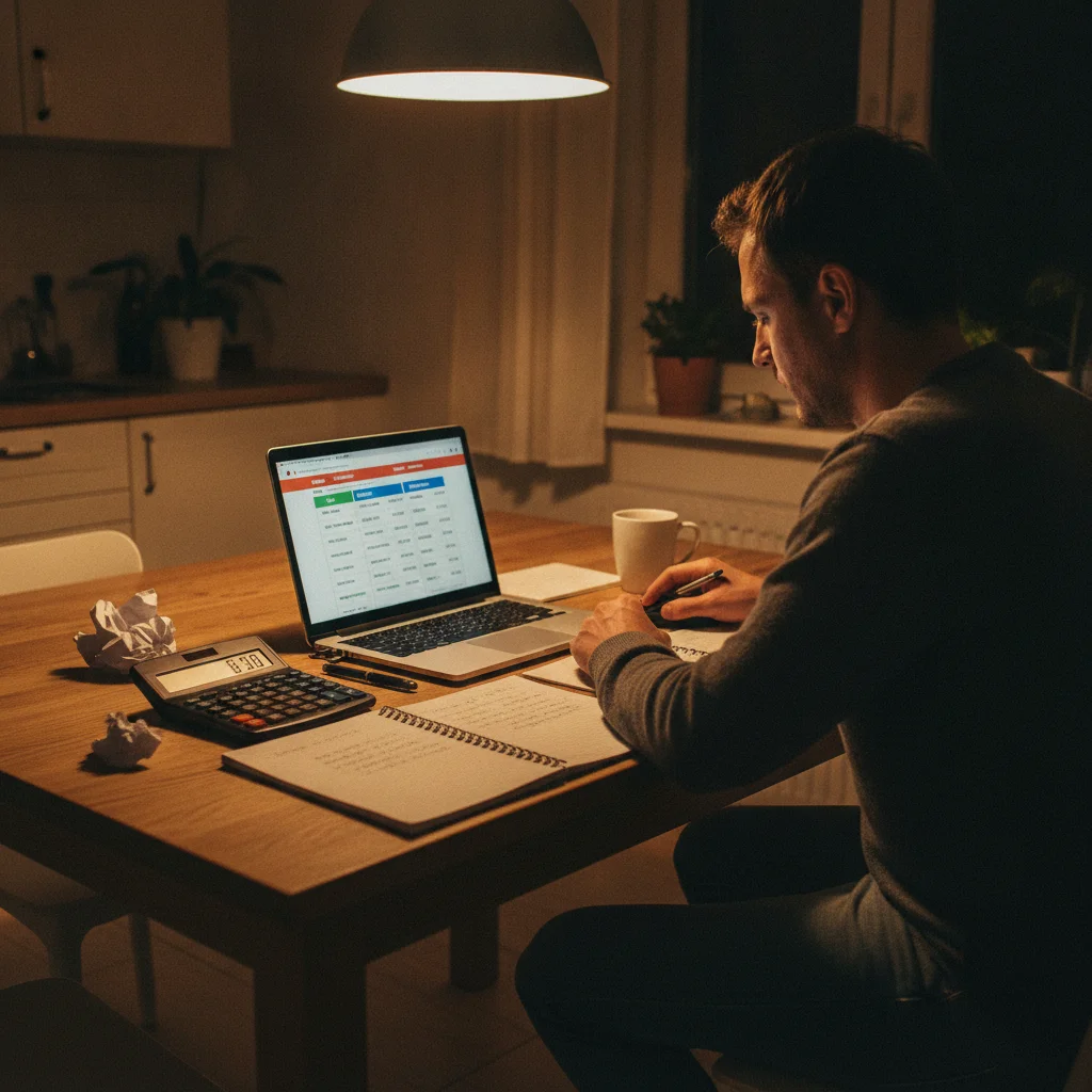 Person using a calculator and laptop to compare insurance deductible options and annual premium savings