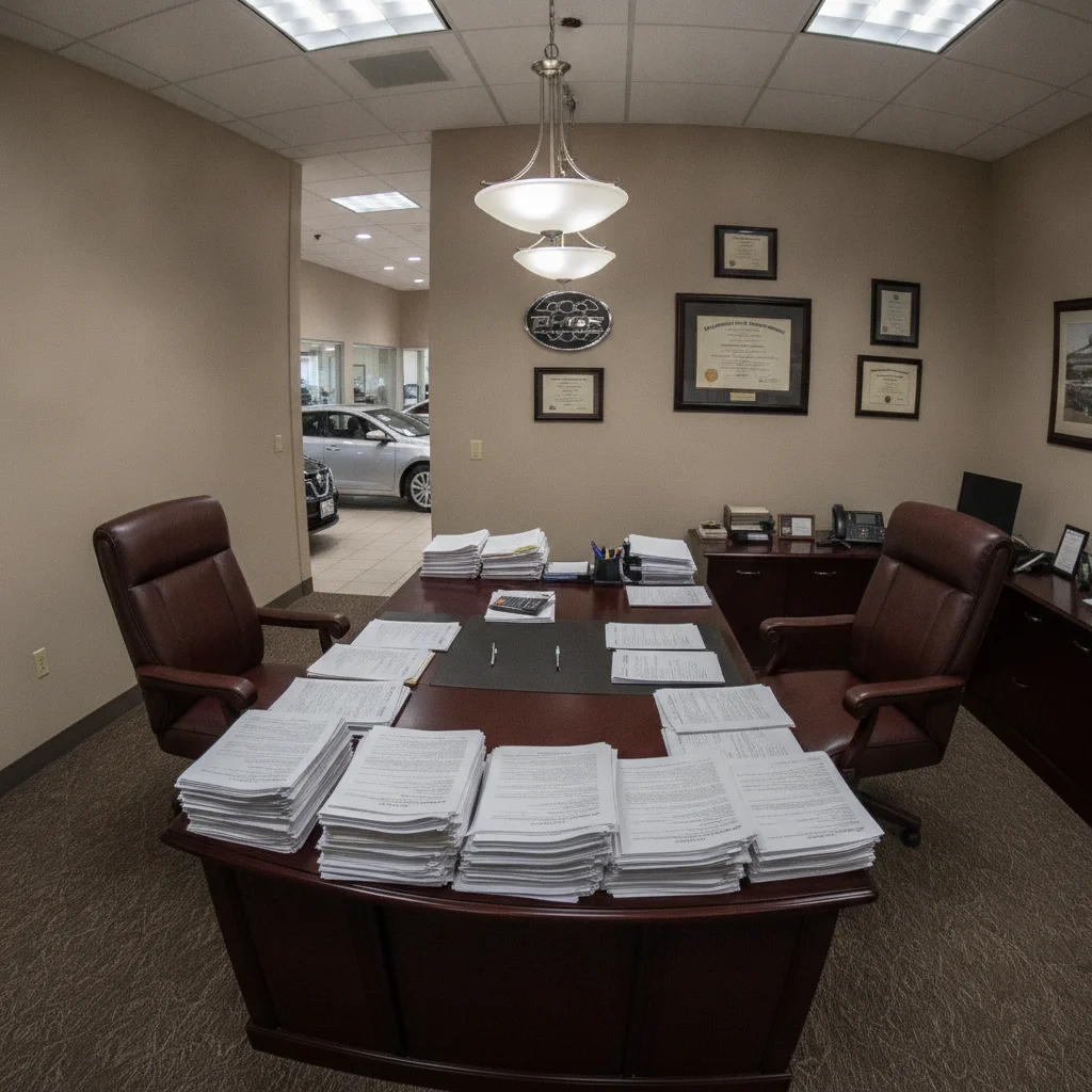 A dealership finance office desk with contract paperwork and a calculator under office lighting