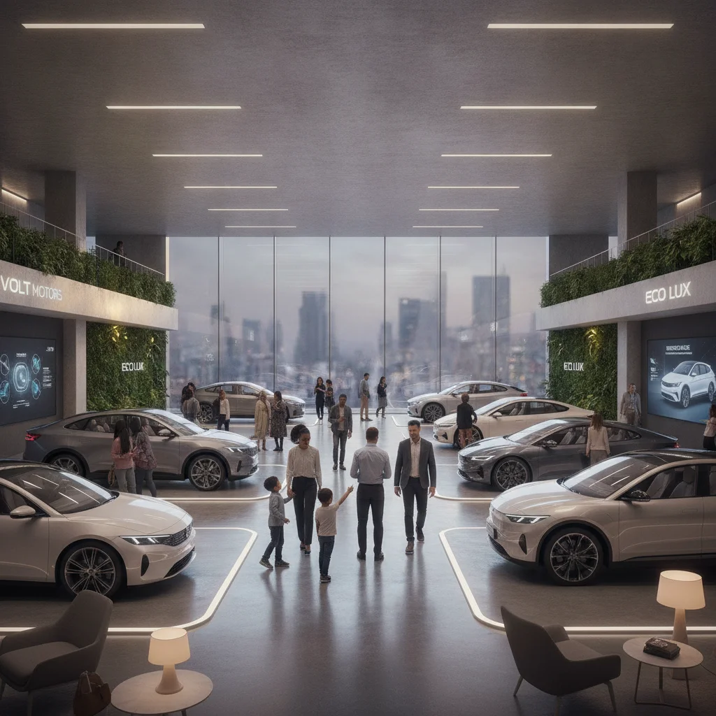 Shoppers examining electric vehicles on a dealership showroom floor under warm lighting