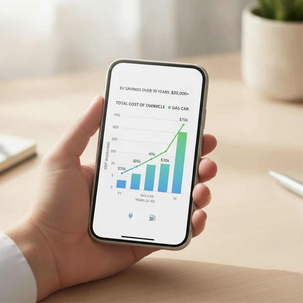 Hand holding smartphone displaying an EV versus gas car total cost of ownership comparison chart