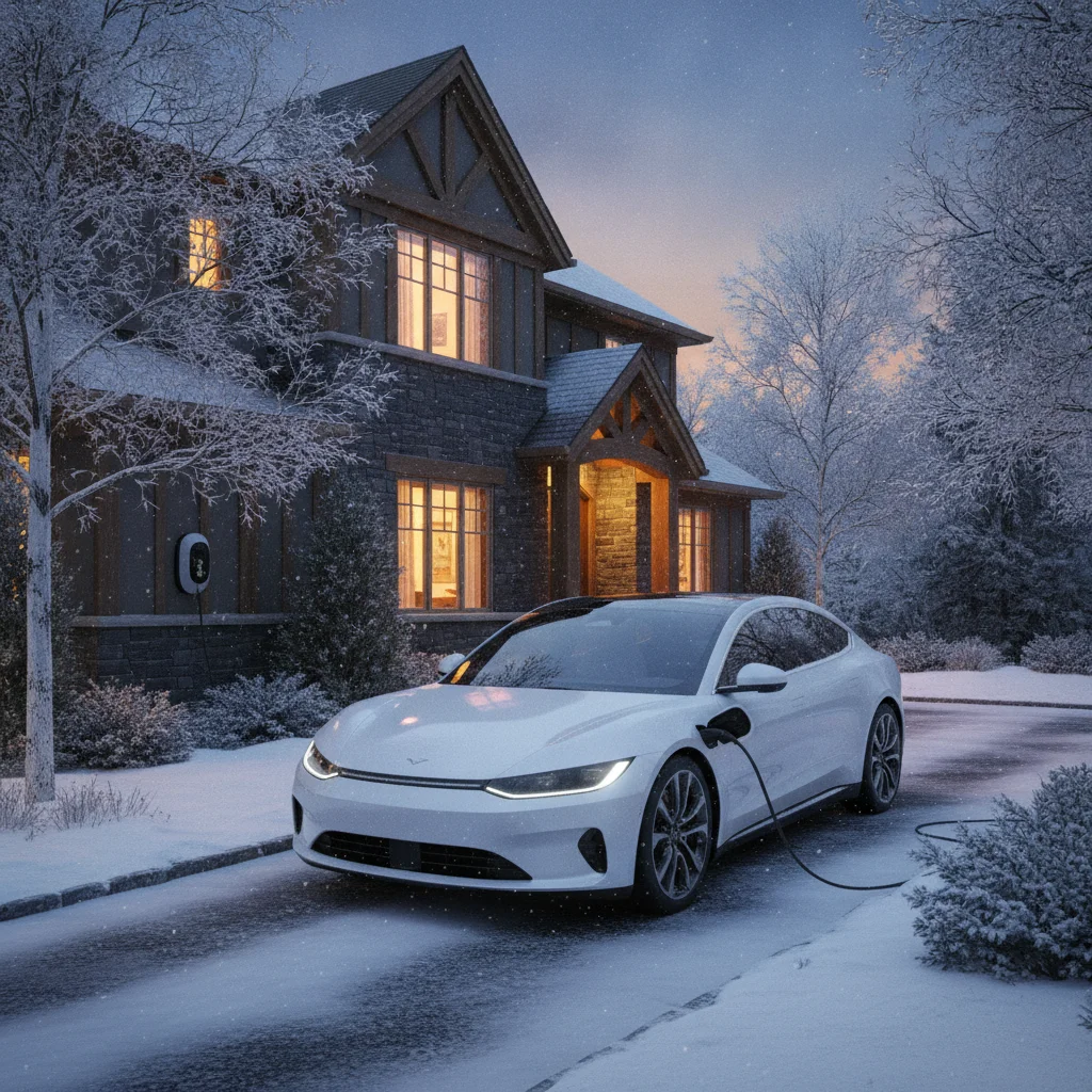 Electric vehicle charging in a snow-covered driveway during winter at dusk