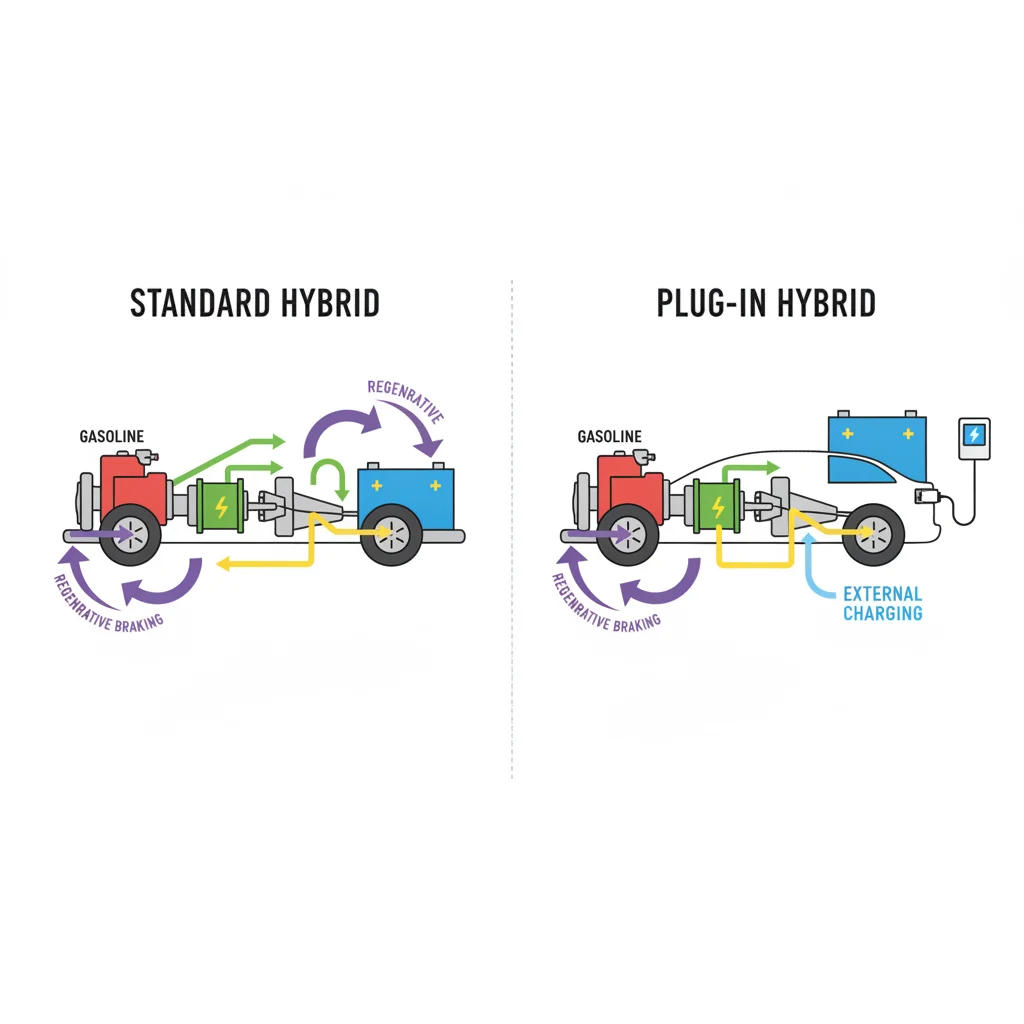 Diagram comparing standard hybrid self-charging system with plug-in hybrid external charging setup