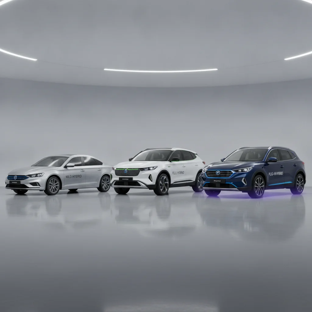 Three hybrid vehicle types — mild, full, and plug-in — parked in a row for comparison