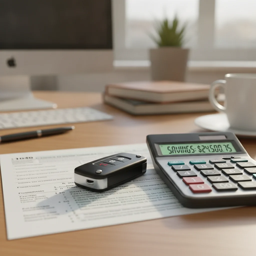 Tax documents and car keys on a desk representing PHEV federal tax credit research and planning