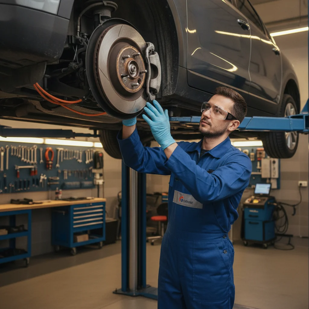 Automotive technician inspecting hybrid vehicle brake components during routine maintenance