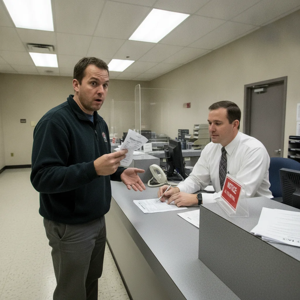 Car buyer looking confused at a DMV counter while a clerk points to a tax line on paperwork
