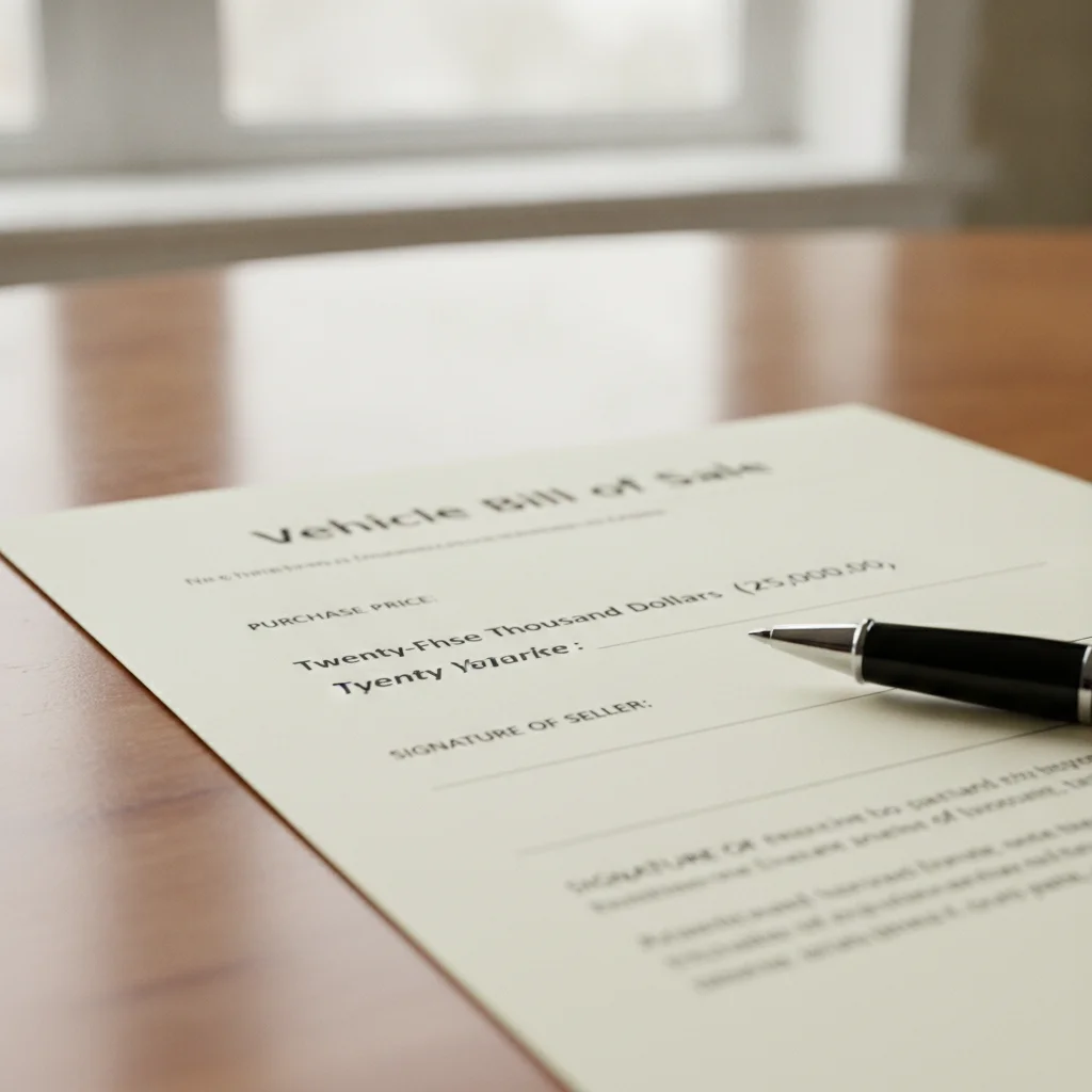 Close-up of a private car sale bill of sale with sale price and signature fields visible