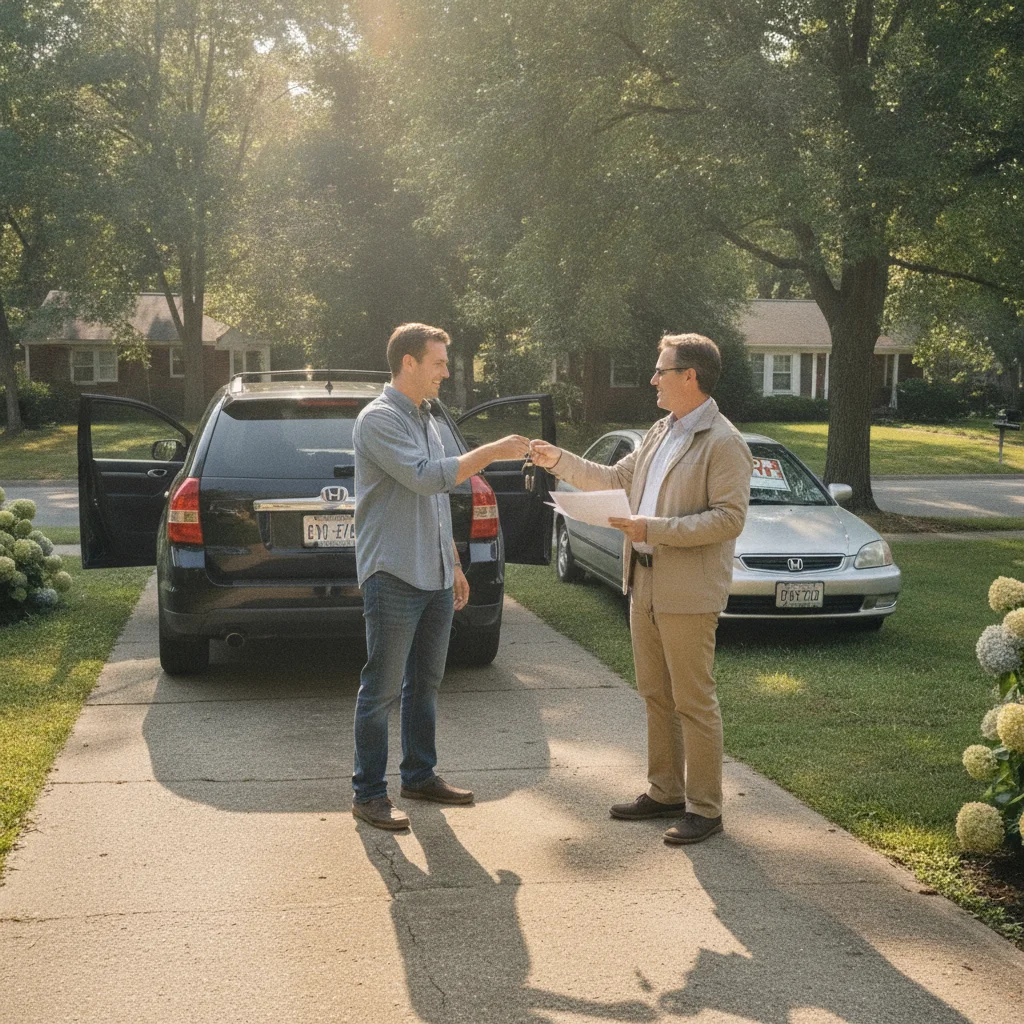 Seller handing car keys to buyer with paperwork in hand during a private vehicle sale in a driveway