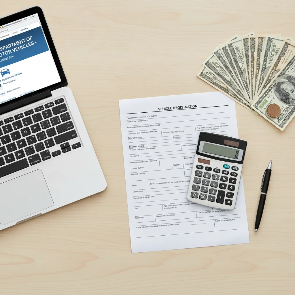 Calculator, DMV registration form, cash, and laptop on a desk for vehicle tax and fee budgeting