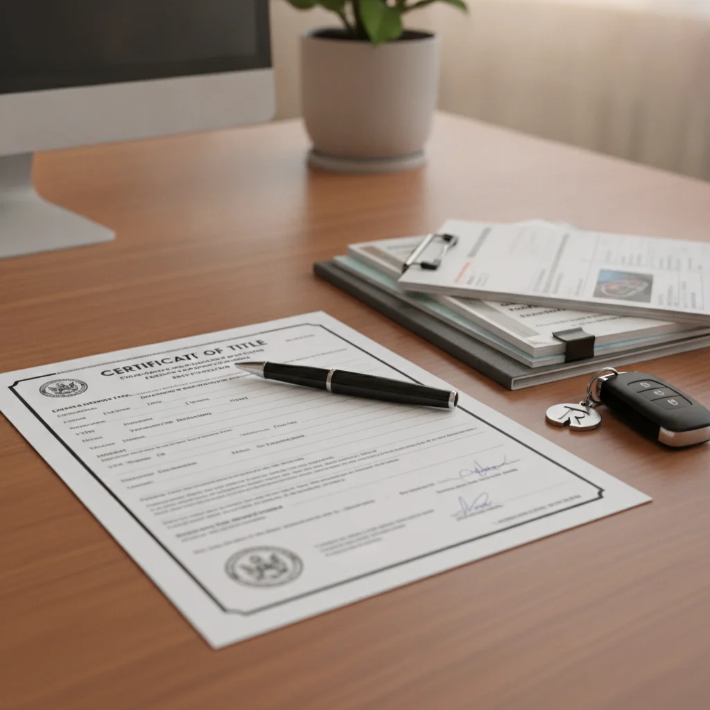 Vehicle title document on a desk alongside car keys and sale paperwork.
