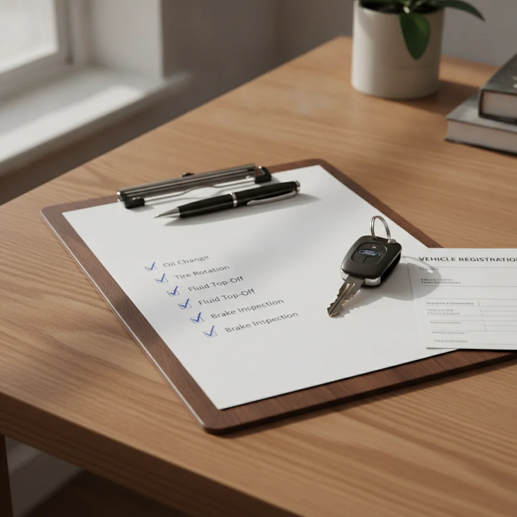 Seller's checklist on a clipboard with items checked off next to car keys and registration documents.