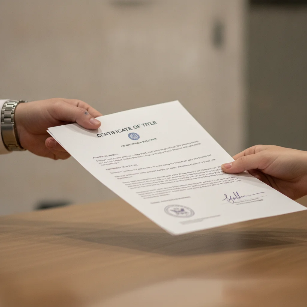 Two hands exchanging a signed vehicle title document across a table during a private car sale.