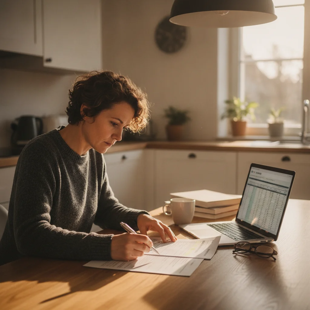Person reviewing car insurance policy documents at a kitchen table with a laptop open.