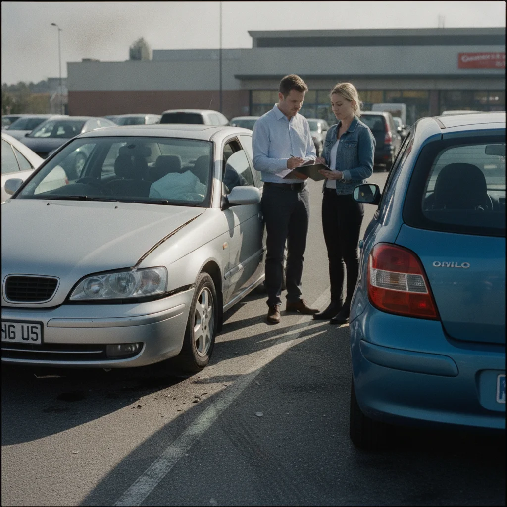 Two drivers exchanging insurance information after a minor car collision in a parking lot.