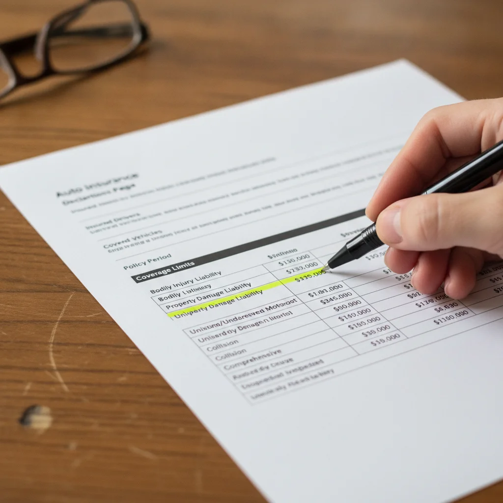 Insurance declarations page with coverage limits highlighted by a pen on a wooden desk.