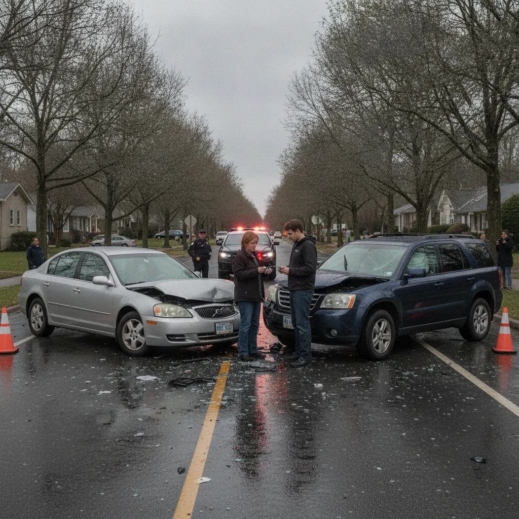 Two drivers exchanging documents at a road accident scene with a police car in the background