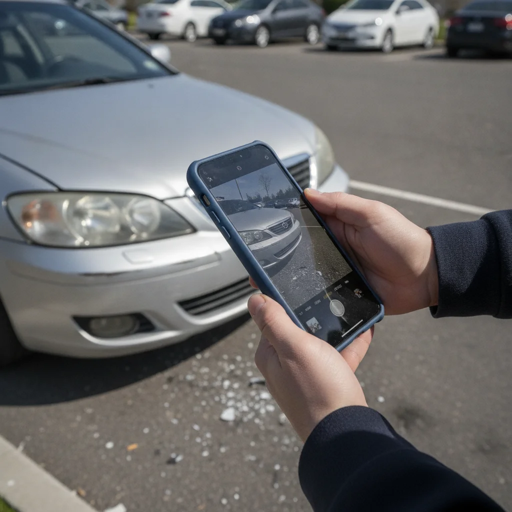 Person using a smartphone to photograph vehicle damage after a minor car accident in a parking lot