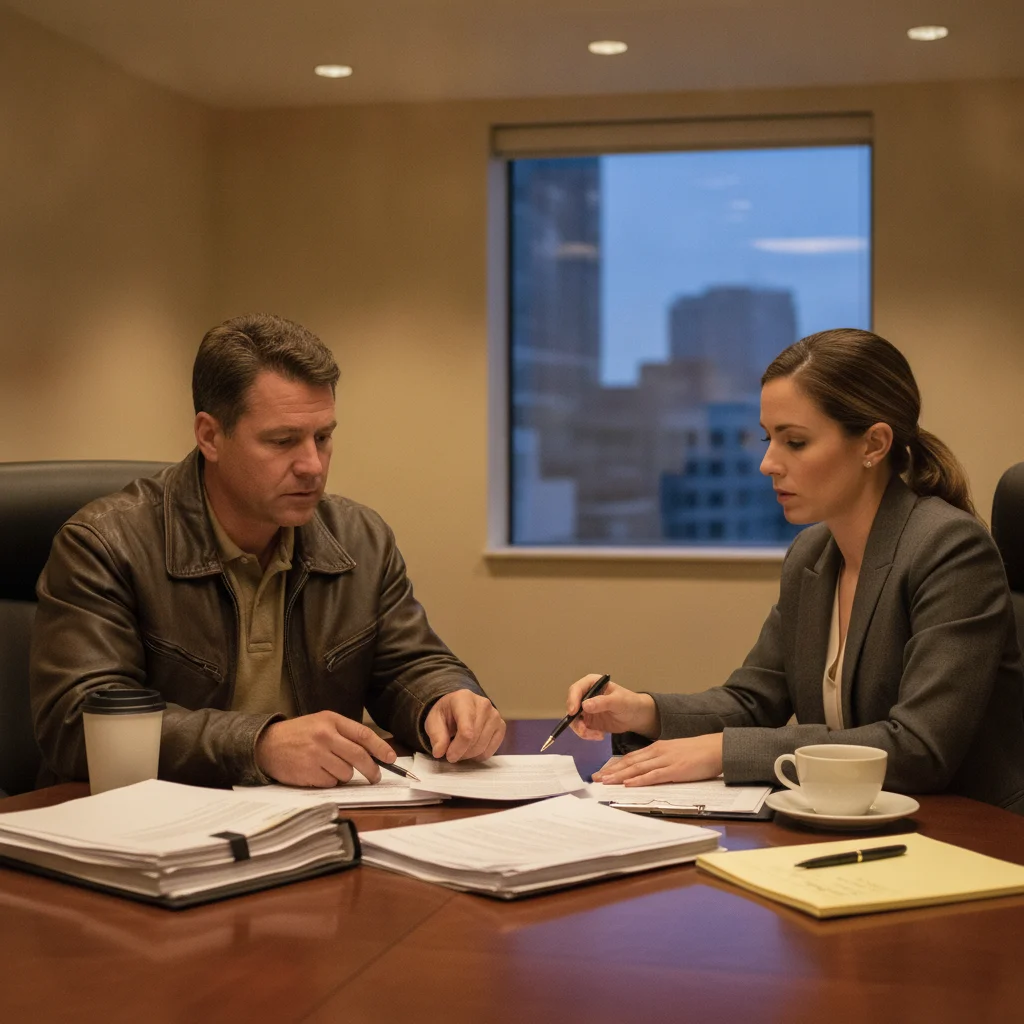 Driver consulting with an attorney at a conference table reviewing accident and insurance documents
