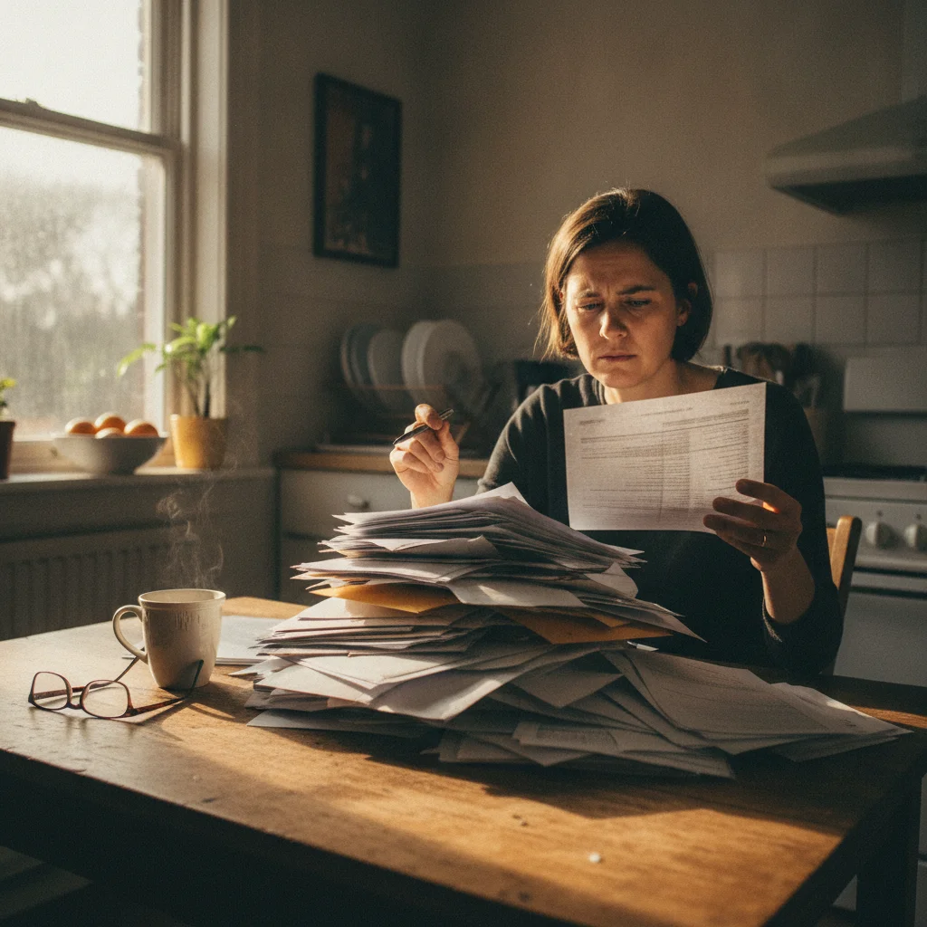 Person carefully reviewing auto loan refinancing paperwork at a kitchen table in morning light
