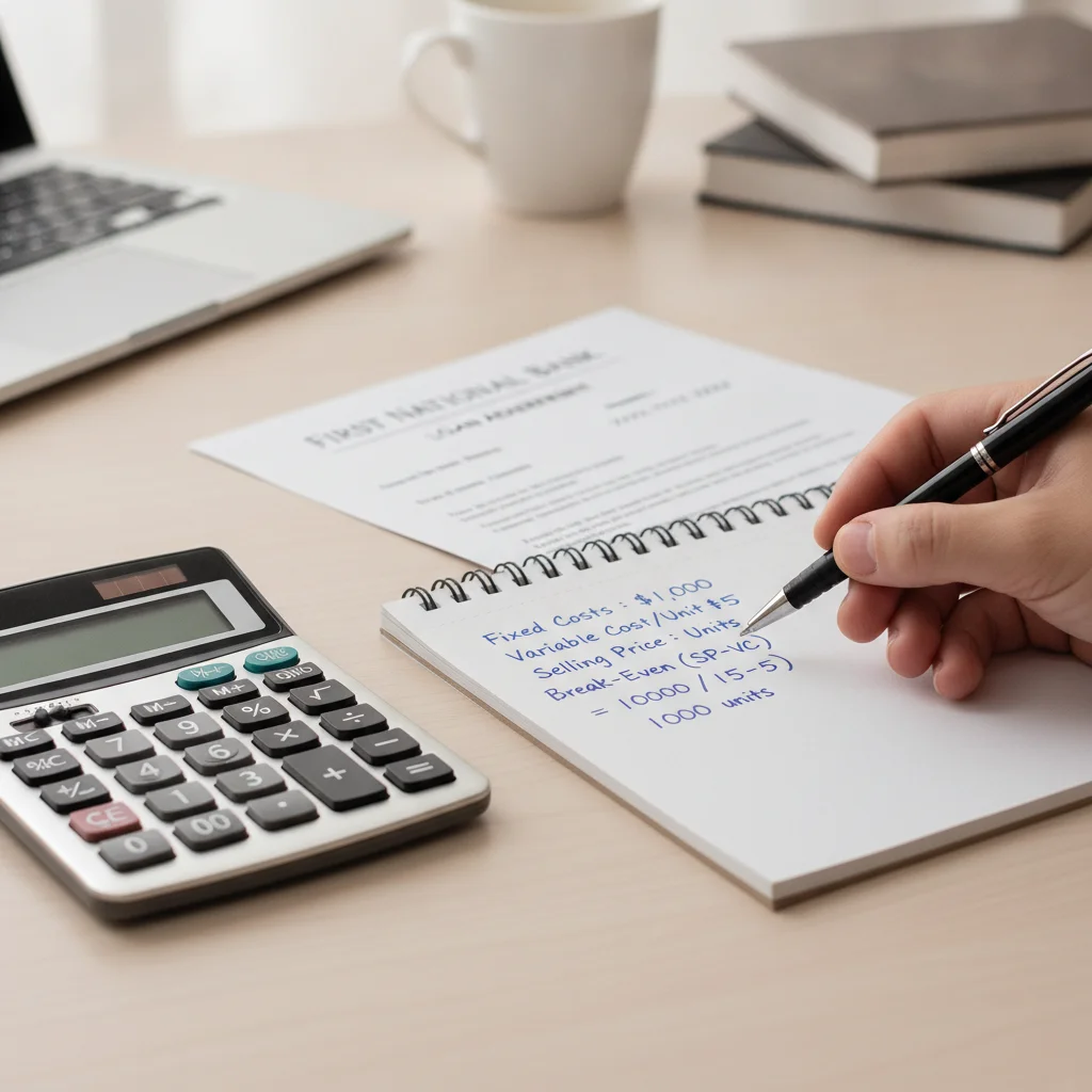 Close-up of handwritten break-even calculation on notepad next to a loan statement and calculator