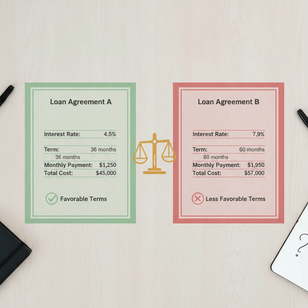 Two auto loan term documents side by side on a desk, illustrating a comparison of loan options