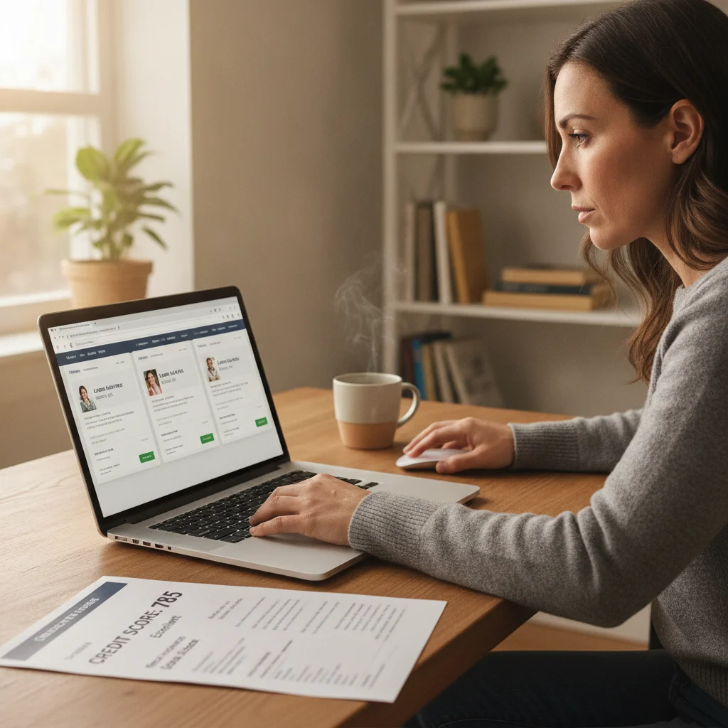 Person comparing multiple auto loan lender offers on a laptop with a credit report nearby