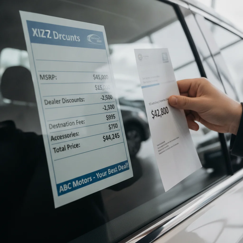 A buyer comparing a dealership window sticker price with a printed competing dealer quote