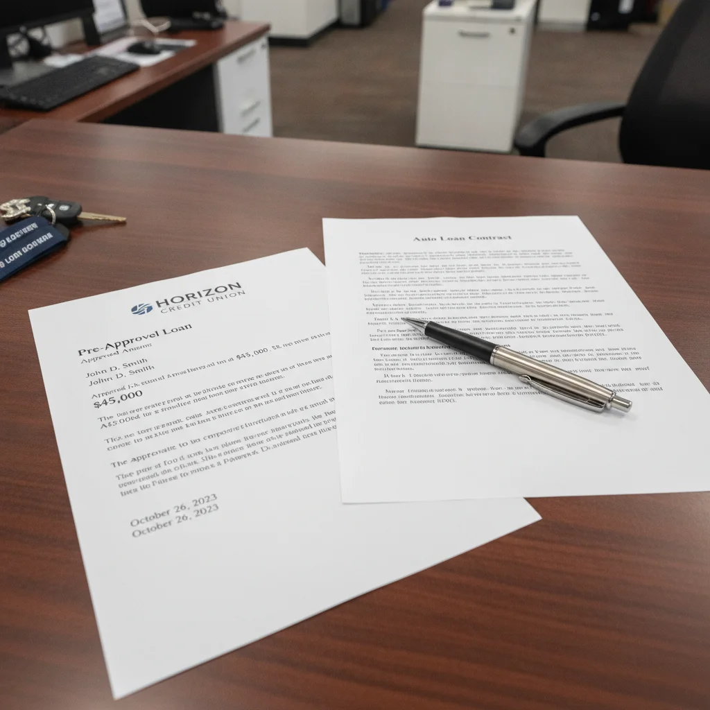 A bank pre-approval letter placed on a dealership finance desk beside loan paperwork
