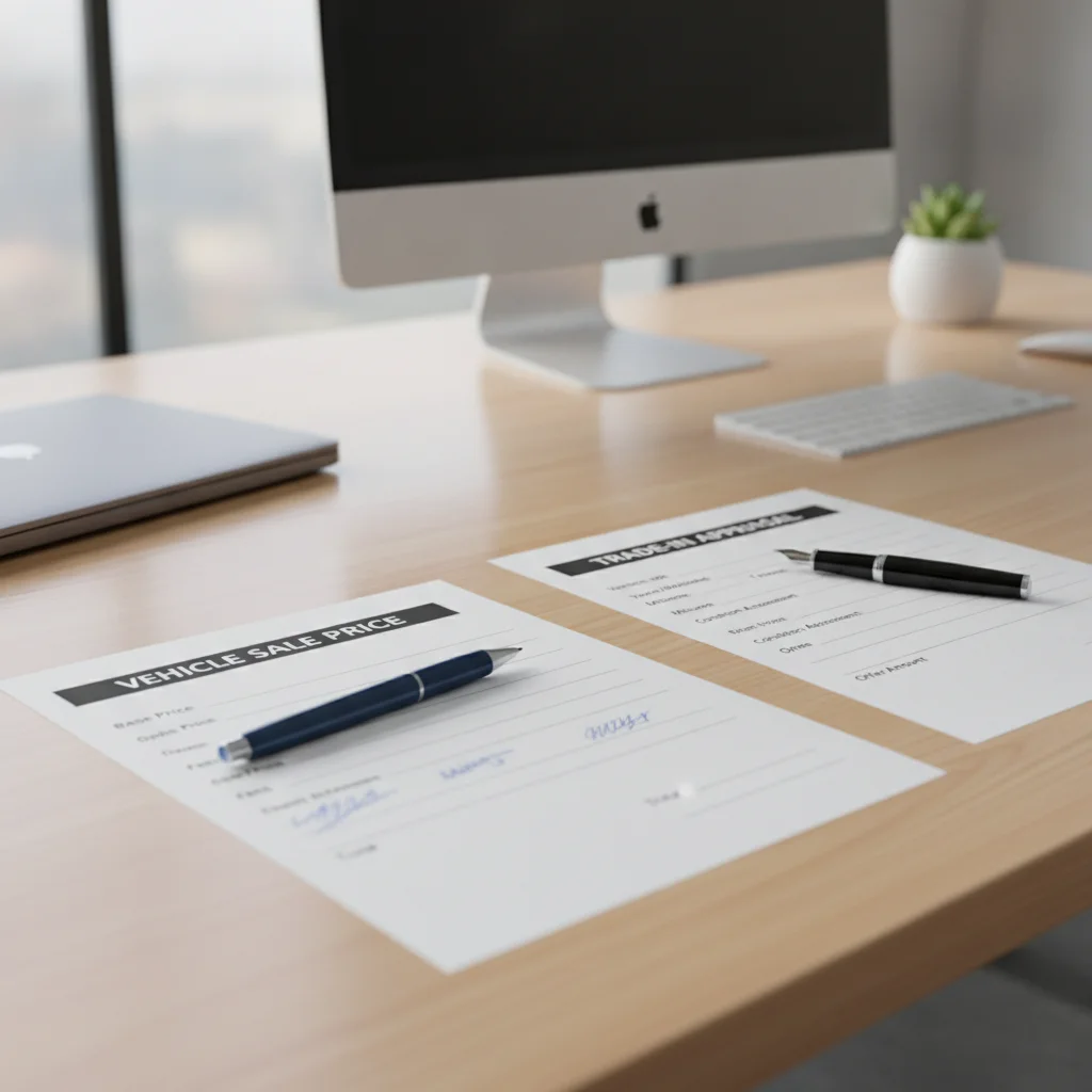 Two separate negotiation documents for vehicle sale price and trade-in appraisal on a desk