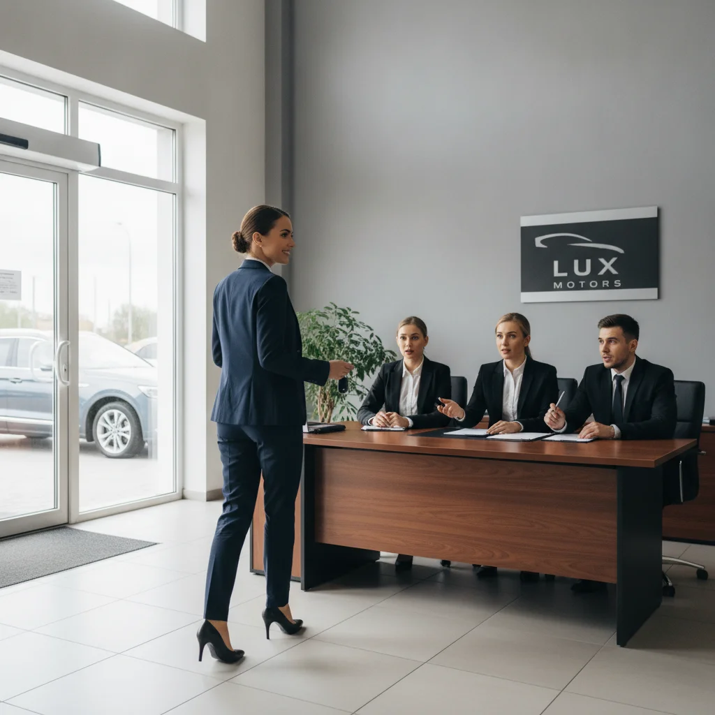 A car buyer standing up and walking away from a dealership negotiation table