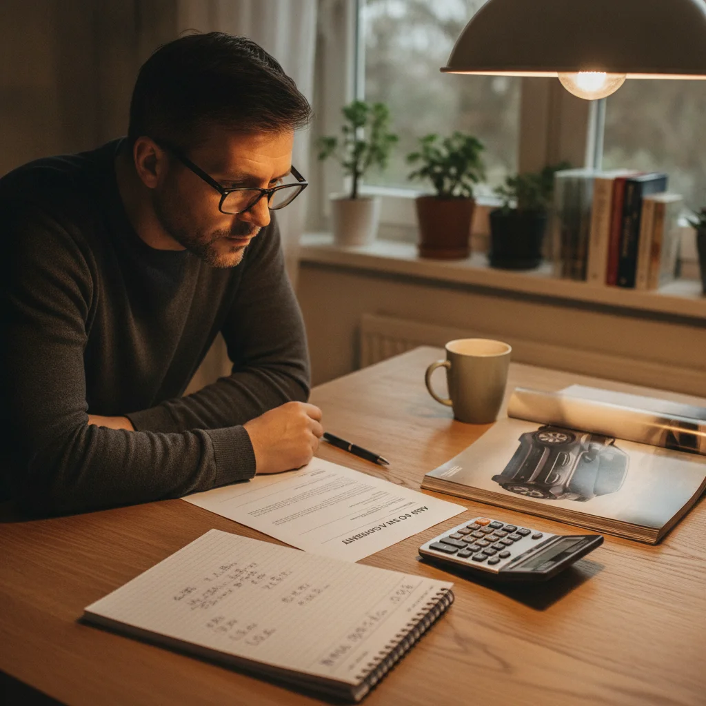 Person reviewing auto loan paperwork with calculator and notepad at a home kitchen table.
