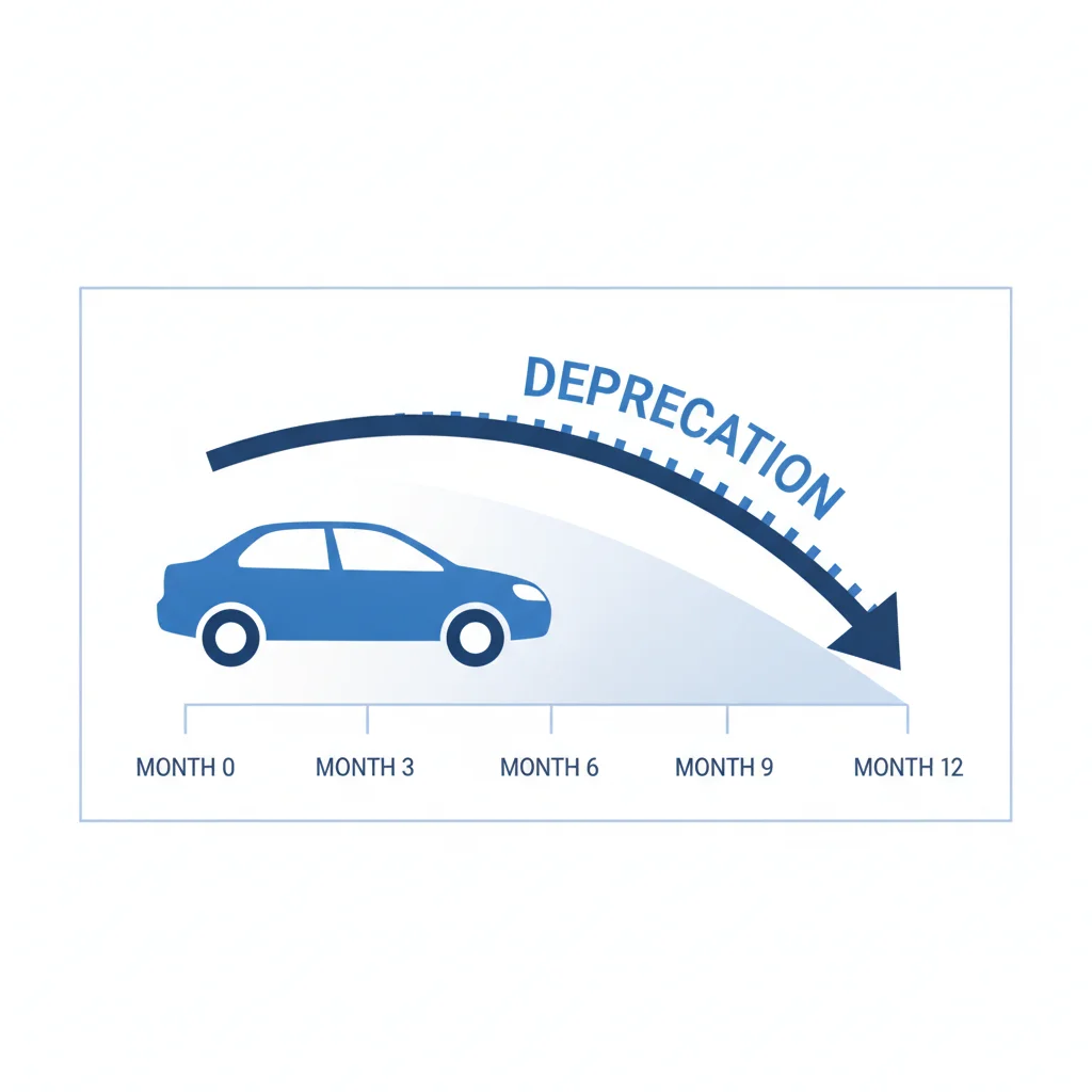 Illustration showing a car's value declining sharply in the first 12 months with a depreciation curve.