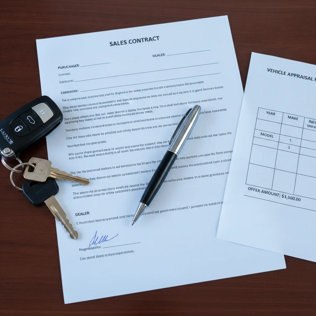 Auto dealer contract with pen, trade-in key fob, and vehicle appraisal sheet on a desk.