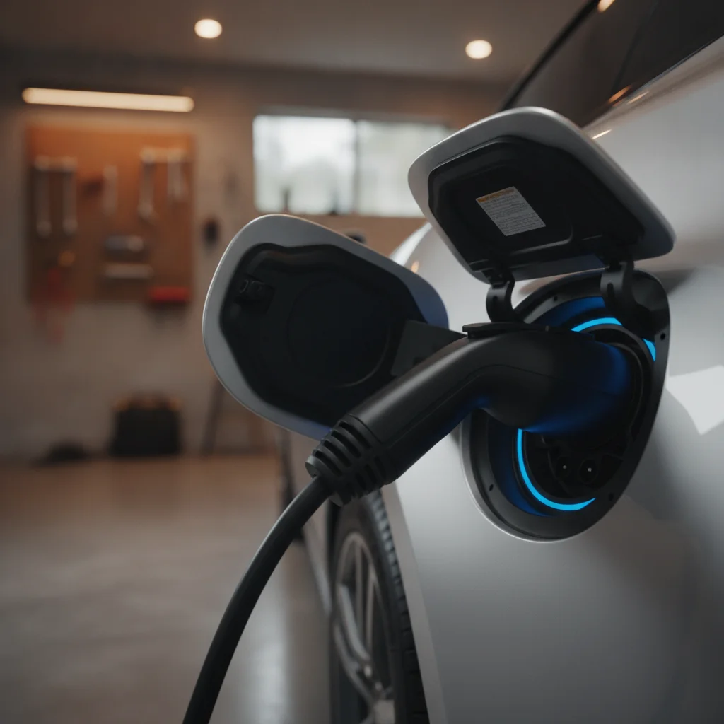 Close-up of a Level 2 charging plug being connected to an electric vehicle in a home garage
