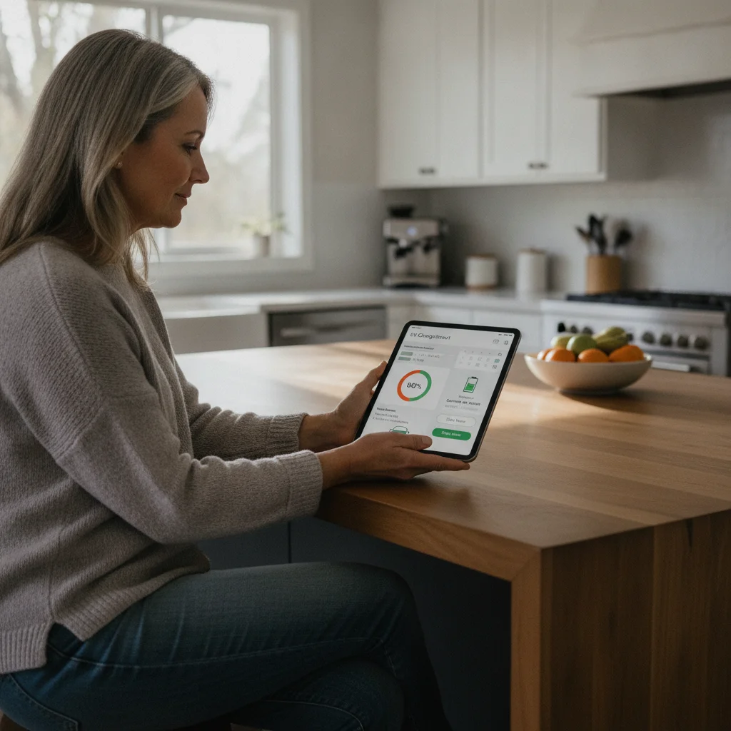Homeowner reviewing an EV charging schedule on a tablet app in a kitchen setting