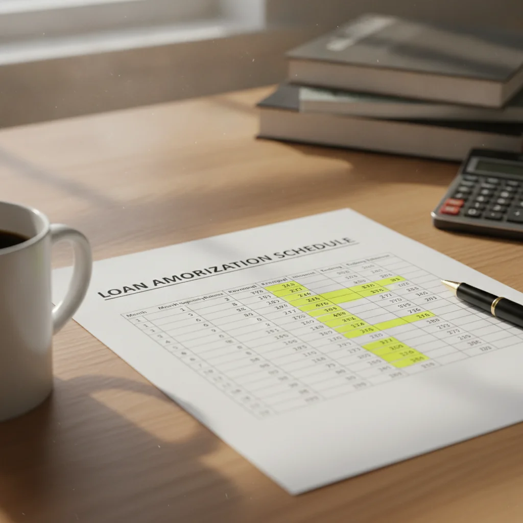 An amortization schedule showing interest versus principal breakdown in early loan months.