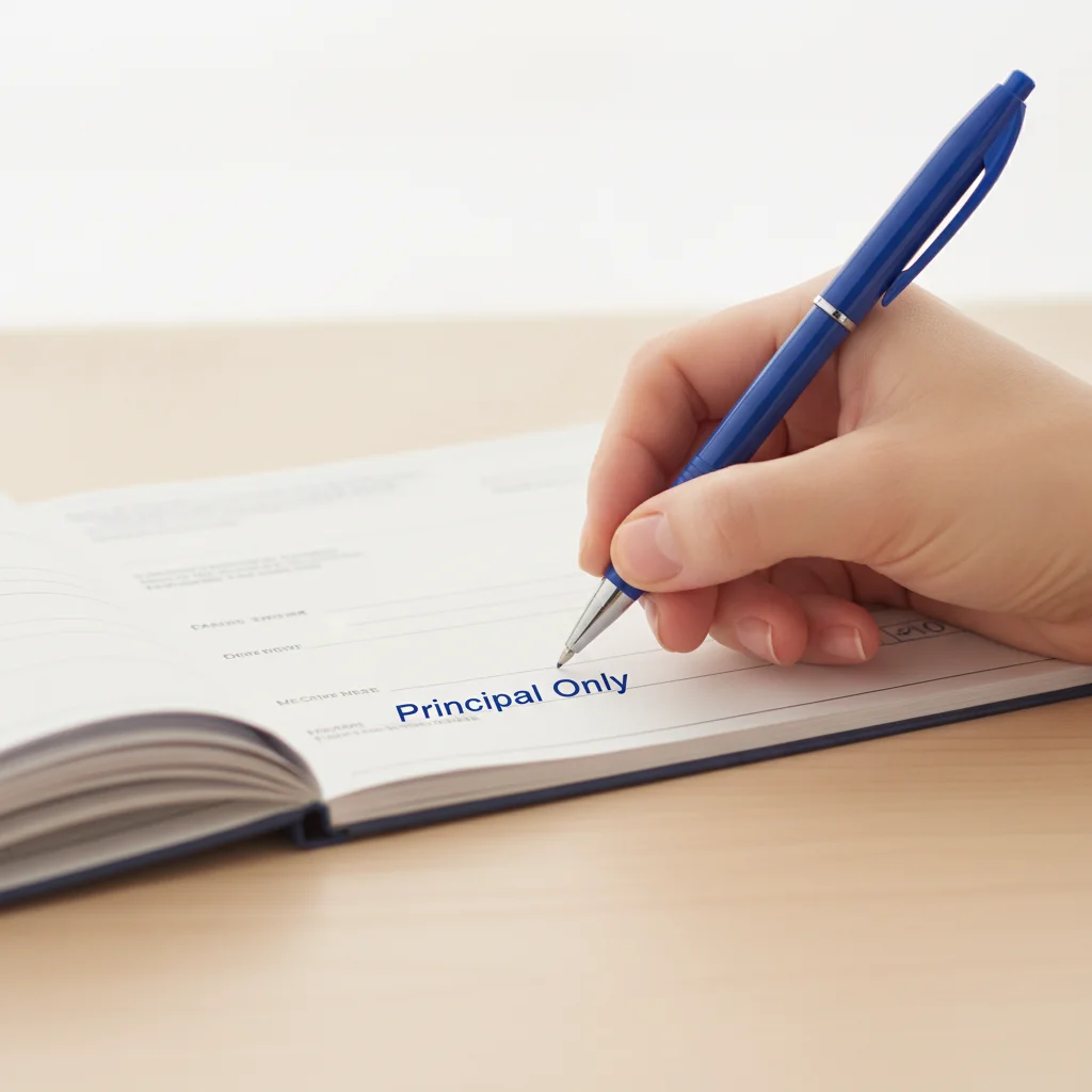 A hand writing 'principal only' on a check memo line to direct an extra loan payment.