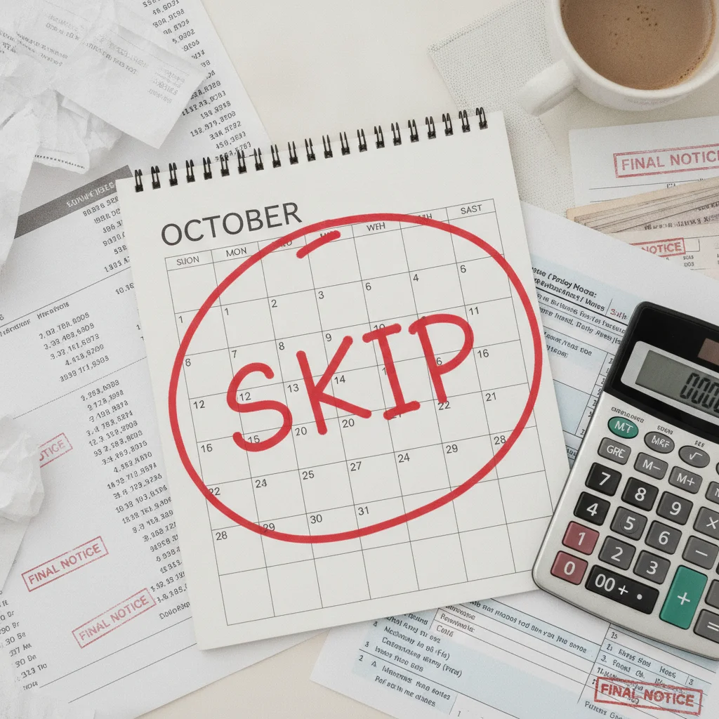 A calendar showing a skipped payment month circled in red surrounded by loan documents.
