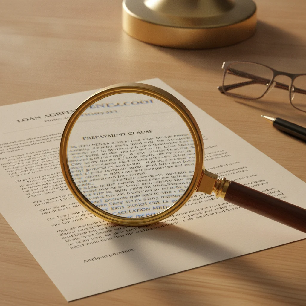 A magnifying glass examining fine print in a loan contract focused on a prepayment clause.