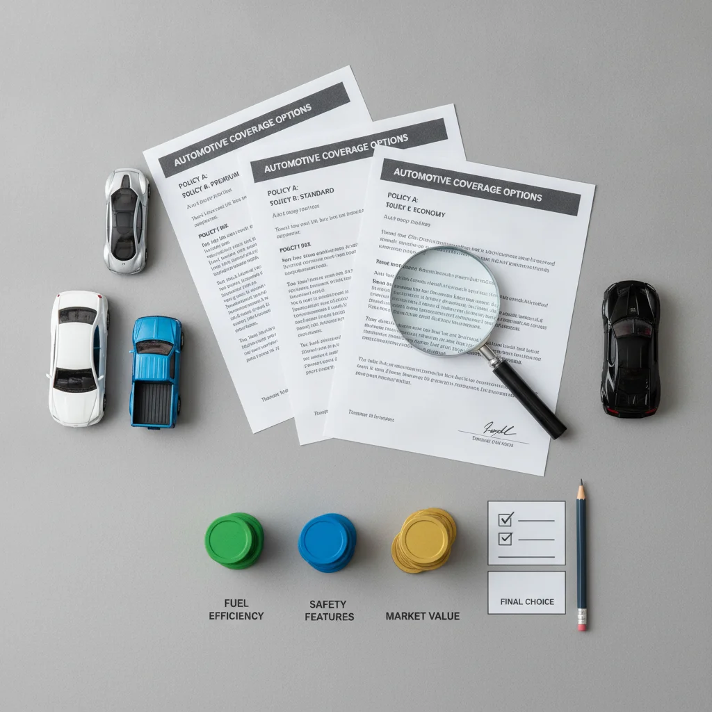 Insurance policy documents arranged next to scale models of four different vehicle types for comparison.