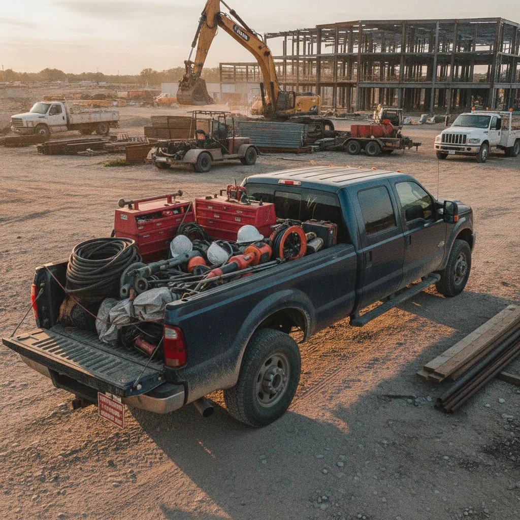 A loaded pickup truck at a worksite with tools in the bed, illustrating commercial use concerns.