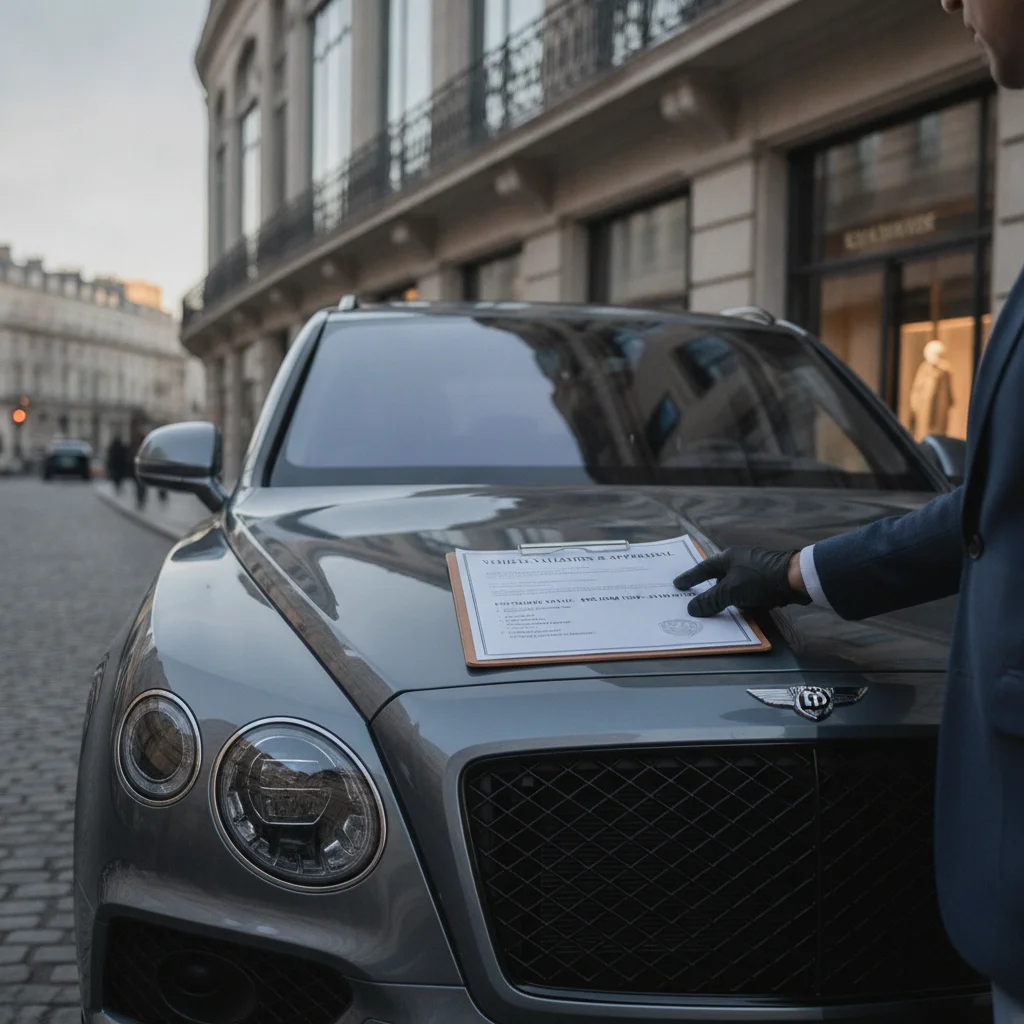 A luxury SUV with a valuation document on its hood, representing agreed-value insurance considerations.