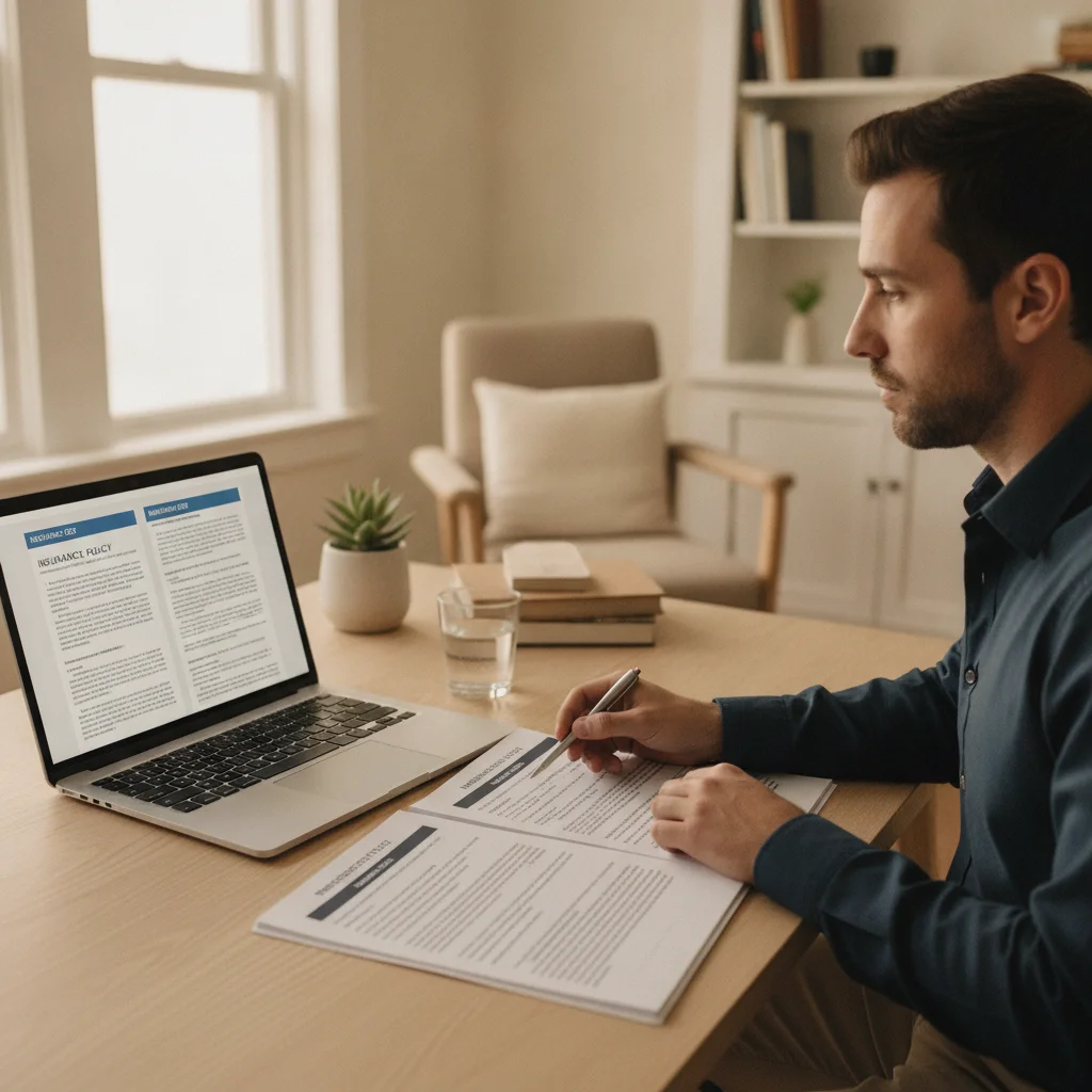 A driver comparing two auto insurance policy documents side by side on a desk with a laptop.