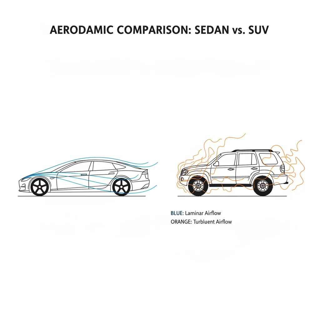 Diagram comparing aerodynamic airflow over a low sedan body versus a taller SUV body shape