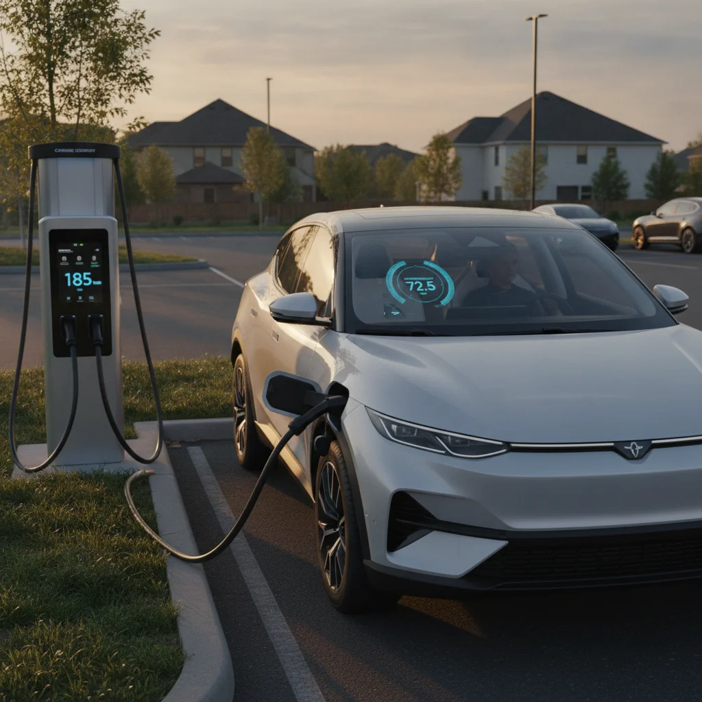 An electric SUV plugged into a DC fast charger with energy efficiency data visible on the dashboard
