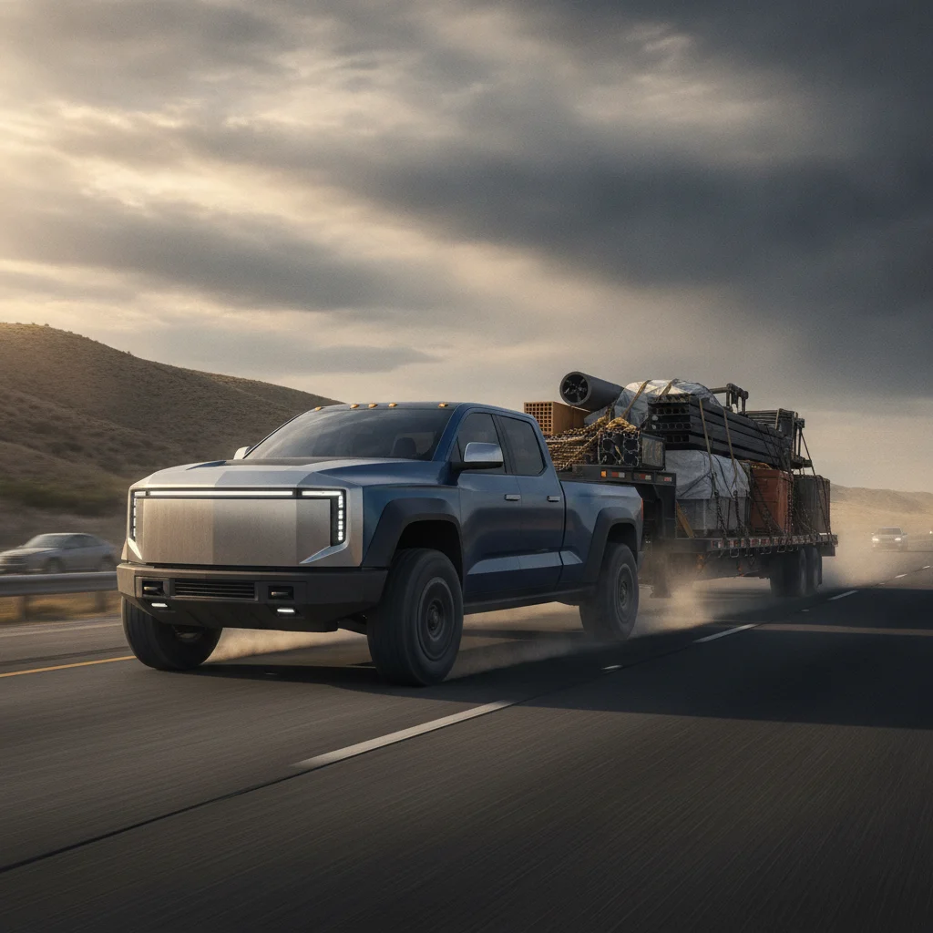 A full-size electric pickup truck towing a heavy flatbed trailer on a US highway