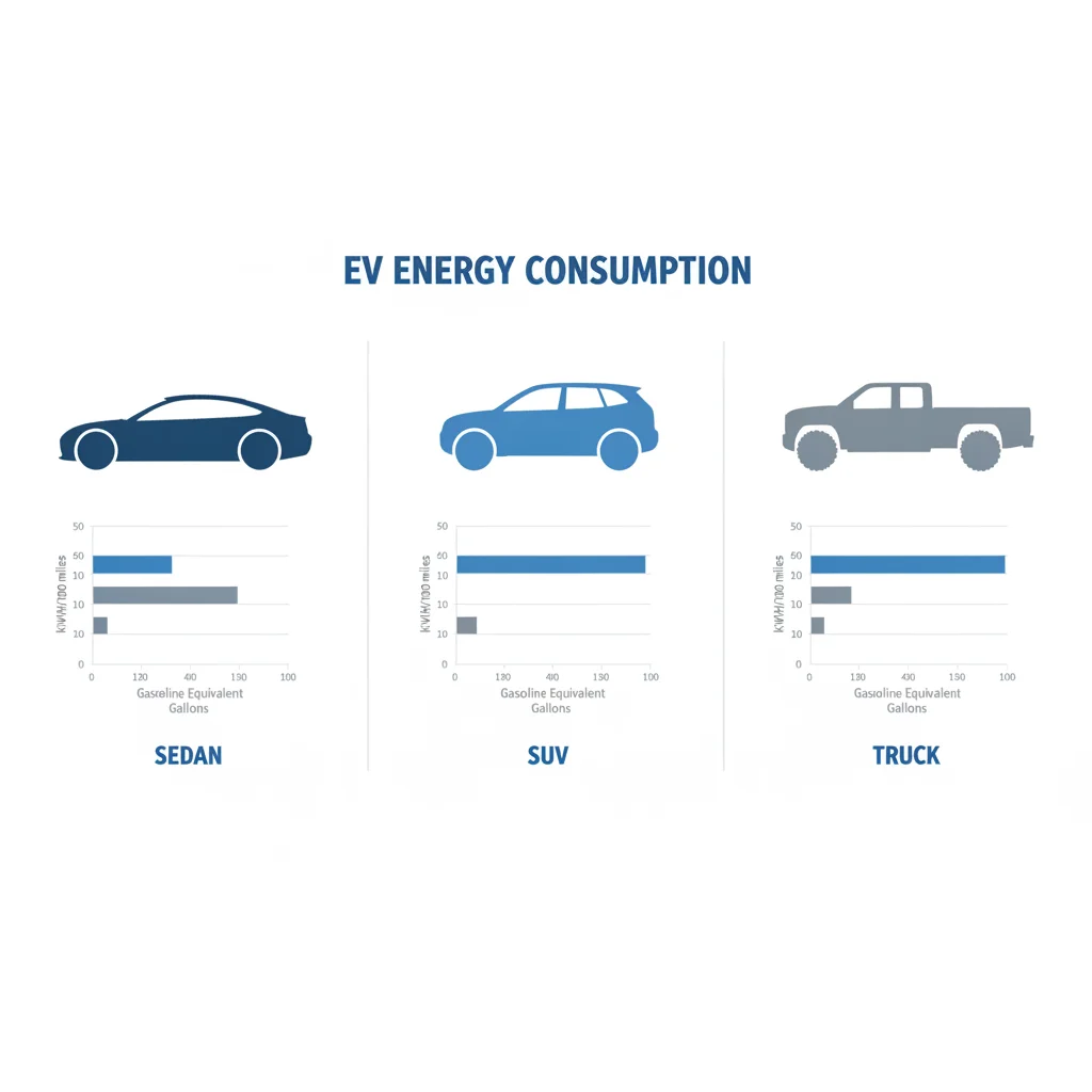 Infographic comparing energy consumption per mile for electric sedan, SUV, and truck segments with bar charts