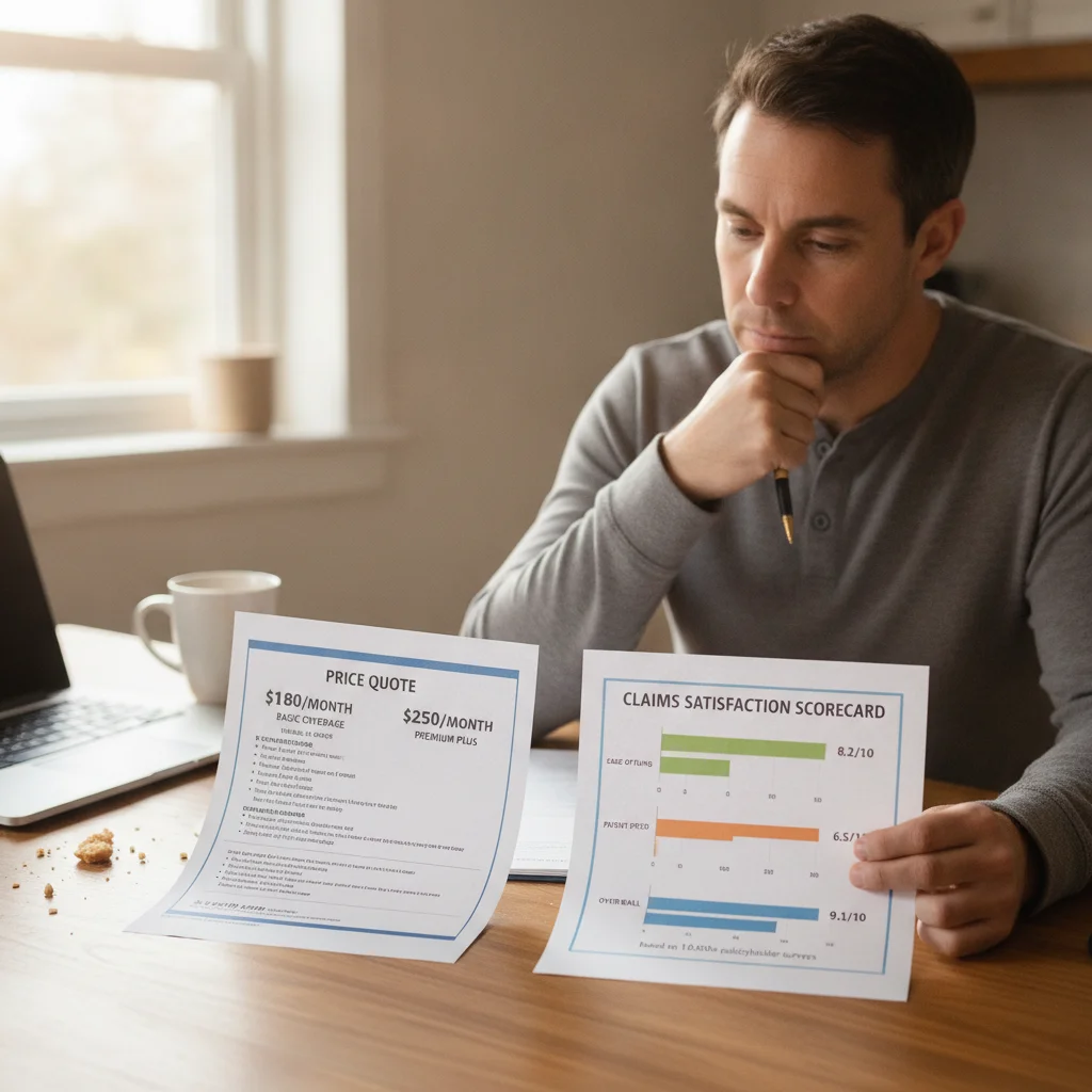 A person comparing a car insurance price quote with a claims satisfaction scorecard at a table