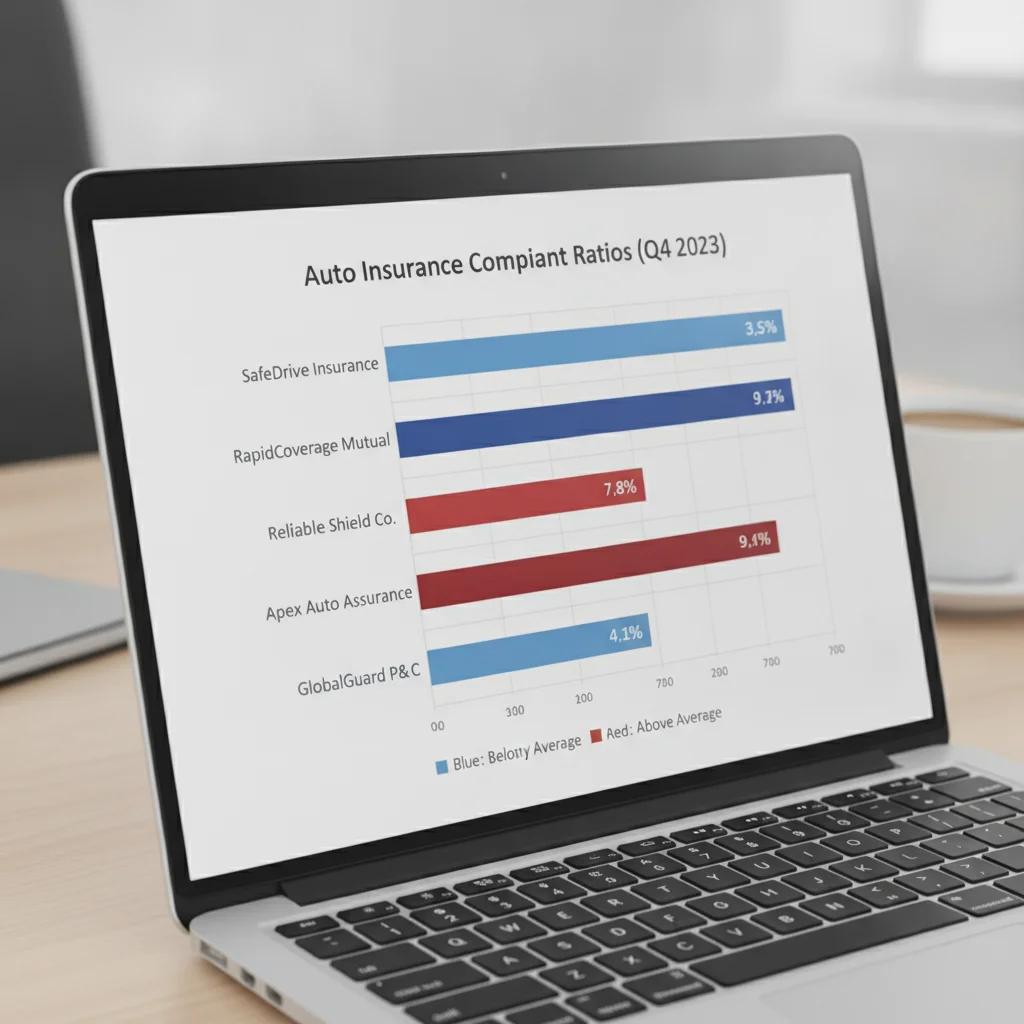 Laptop screen displaying a bar chart of auto insurance complaint ratios for multiple carriers